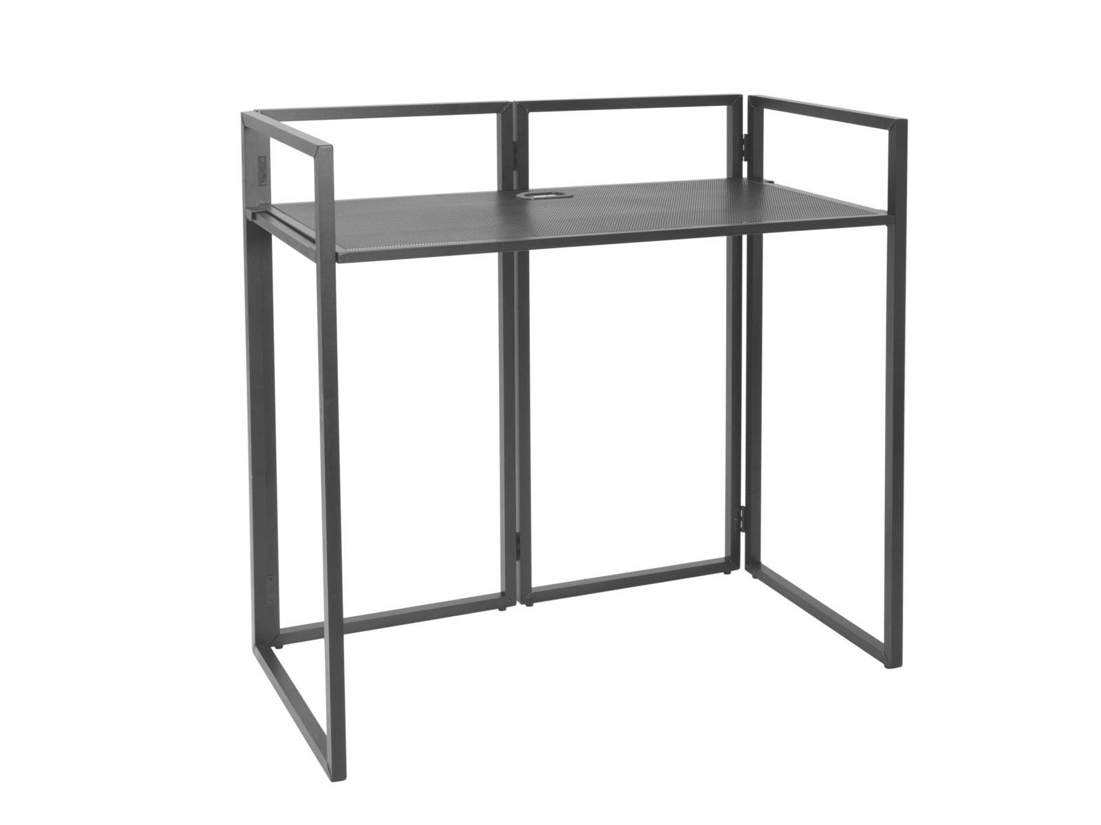 Moderní černý psací stůl s kovovým rámem a minimalistickým designem; bez jakýchkoli dalších dekorací nebo zásuvek.