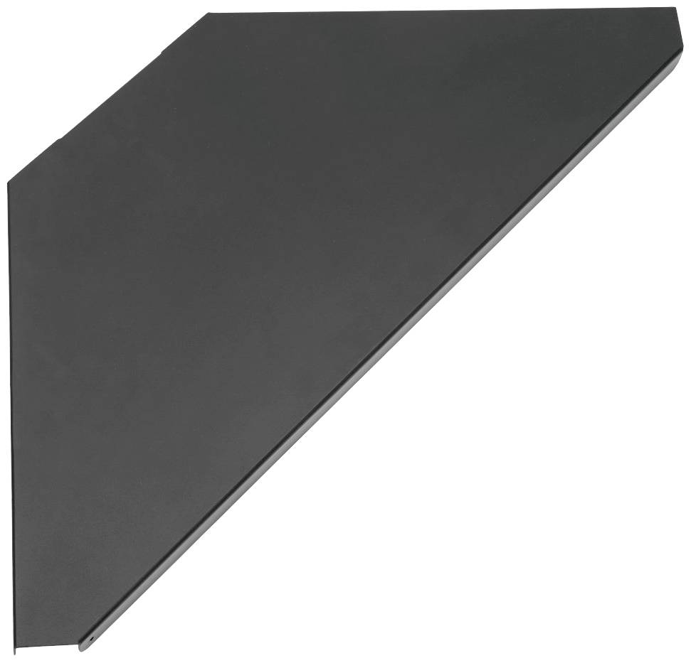 Černý, šikmo řezaný dřevěný panel s hladkým povrchem, vhodný pro konstruování polic nebo jako dekorativní prvek.