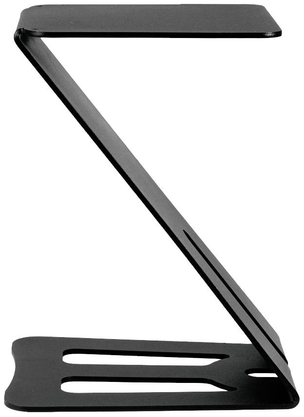 Moderní, černý Z-tvarový stojan na notebook z kovu.