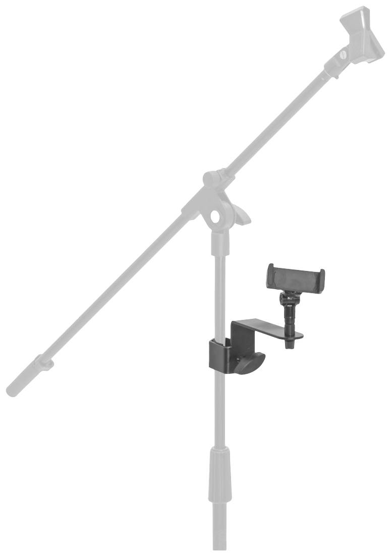 Držák pro stojan na mikrofon s držákem na smartphone, v rozložené poloze, ukazující otočné rameno a flexibilní nastavitelné možnosti.