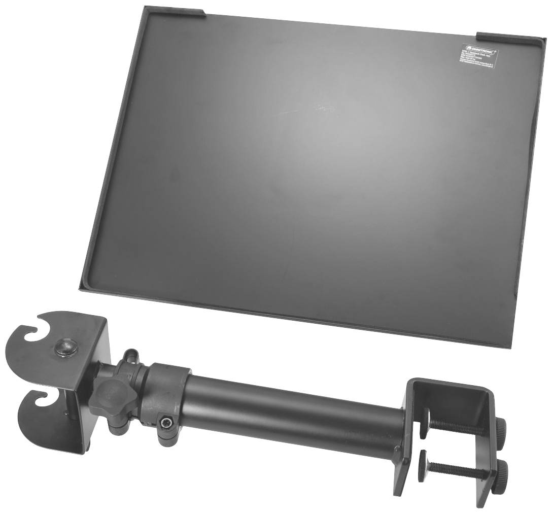 Černená kovová sada držáku na notebook se svorkou a deskou, vhodná pro upevnění na stůl.
