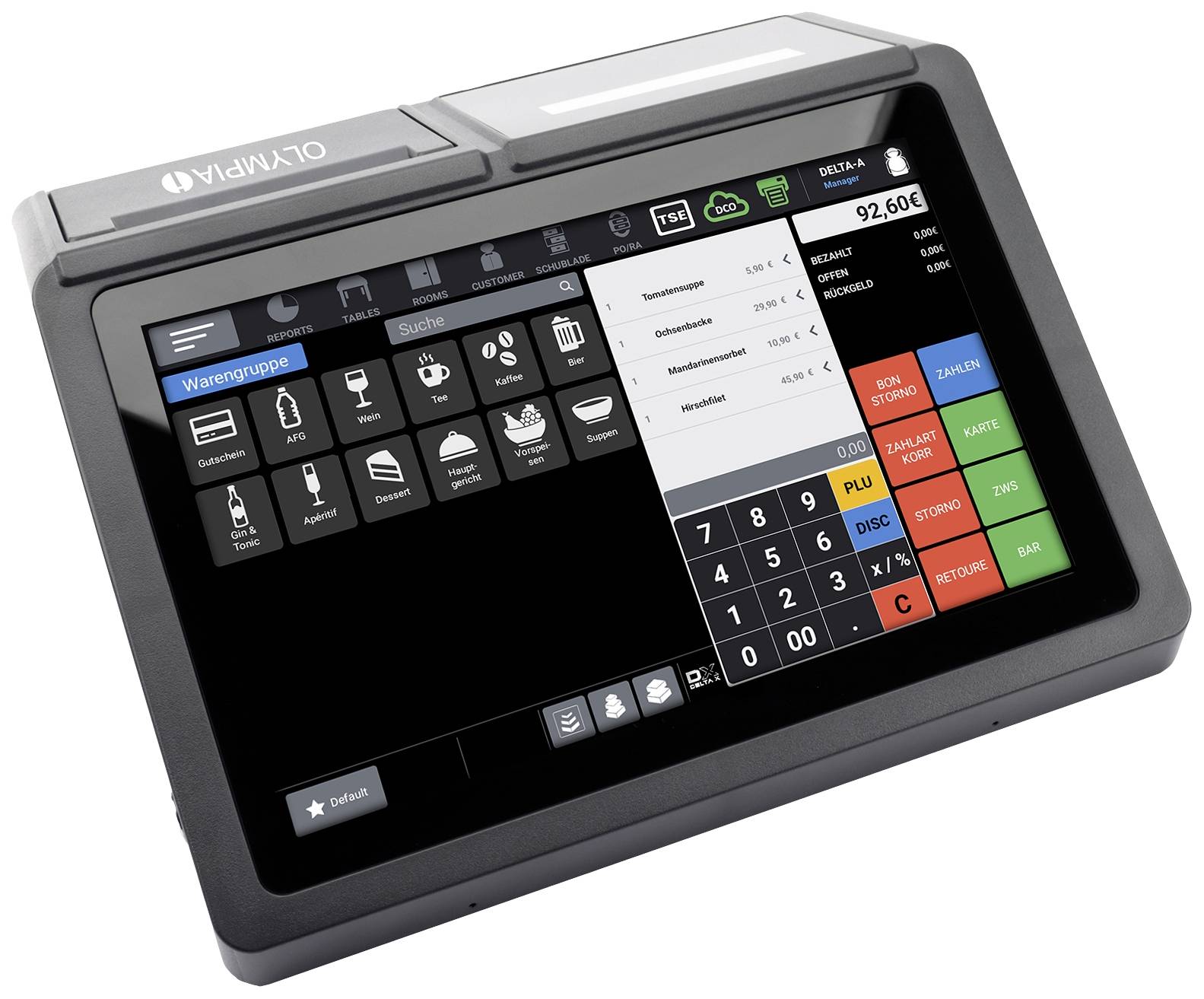 Elektronický pokladní systém s dotykovým displejem zobrazuje různé možnosti menu a numerickou klávesnici pro ovládání.