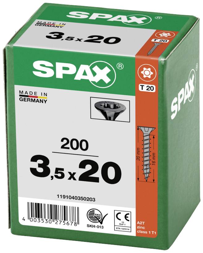 Zelený obal s nápisem 'SPAX', obsahuje 200 šroubů o rozměru 3,5 x 20 mm. Vyrobeno v Německu. Bezpečnostní a recyklační symboly jsou viditelné.
