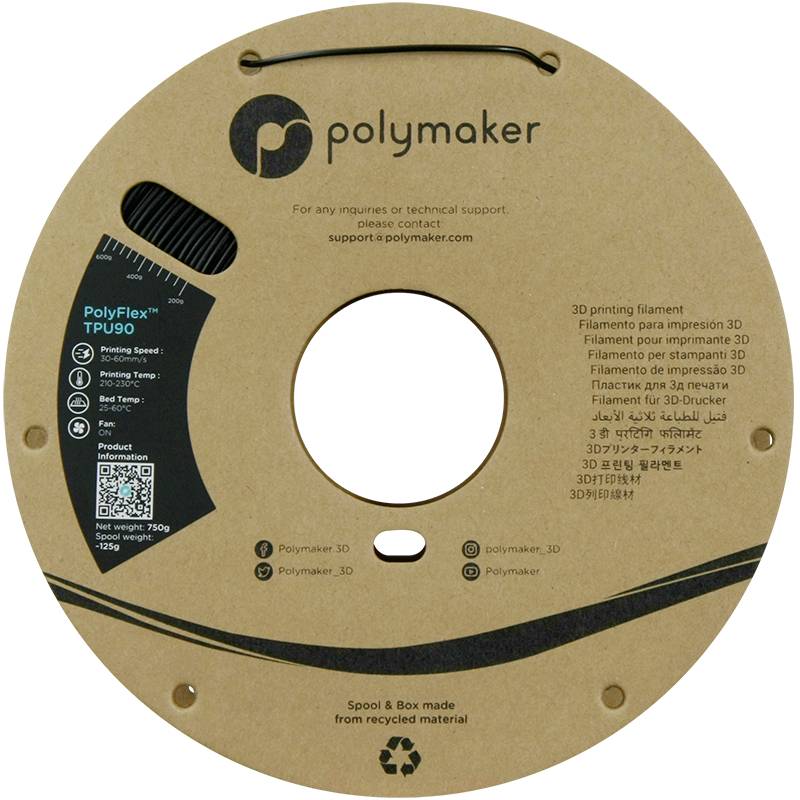 Kulatý držák cívky 3D tiskového filamentu vyrobený z recyklovaného materiálu od společnosti Polymaker. Obsahuje informace o druhu filamentu a kontaktní údaje.