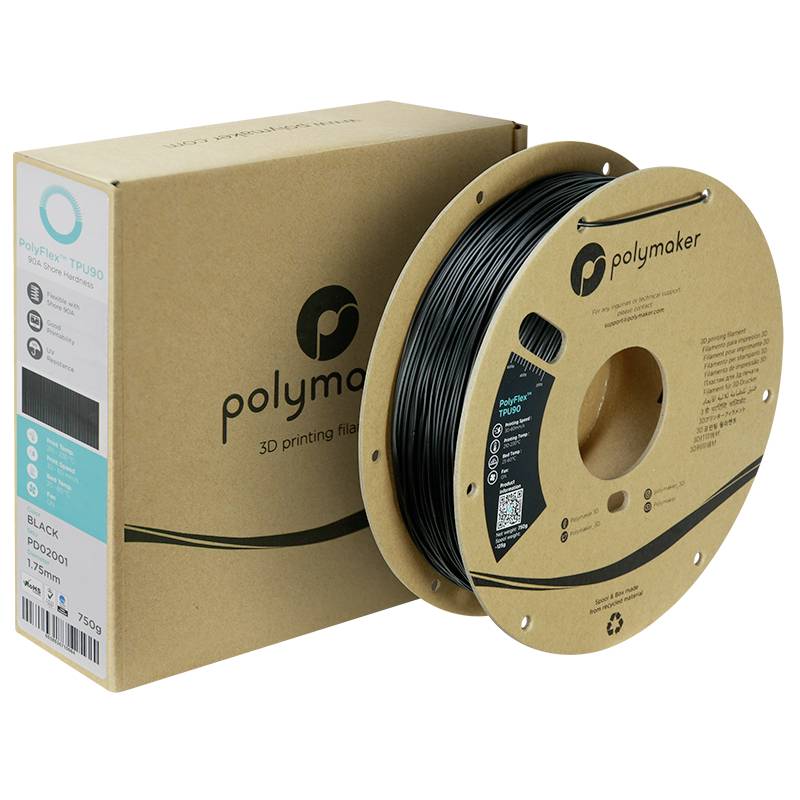 Černý 3D tiskový filament značky Polymaker zabalený v hnědé krabici.