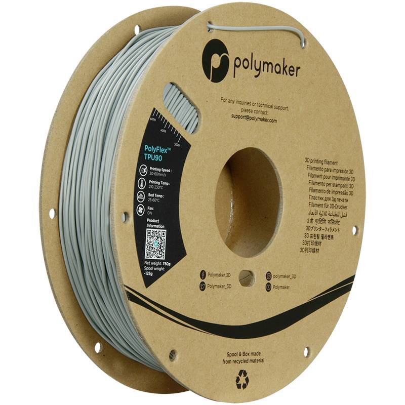 Jeden svazek vlákna značky Polymaker, model 'PolyFlex TPU90', vyrobený z recyklovaného materiálu. Obsahuje kontaktní údaje podpory.