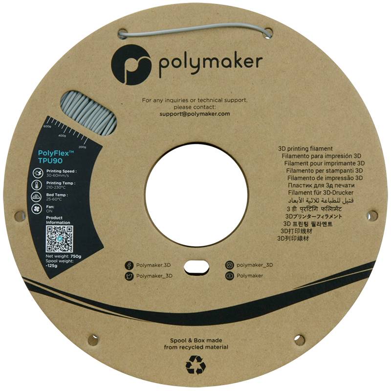 Cívka s 'PolyFlex' TPU-3D tiskovým filmamentem od Polymakeru, 750g, 1,75mm. Kontaktní e-mail a sociální média výrobce vytištěny na obalu.