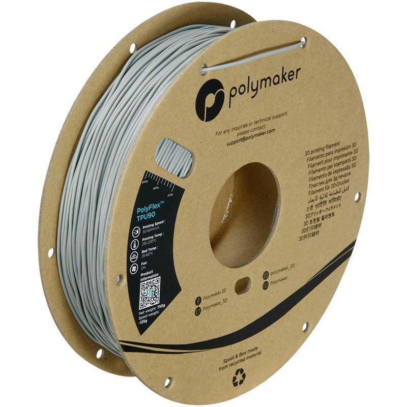 Kulatá cívka s šedým 3D tiskovým filmamentem od firmy 'Polymaker', vhodná pro aplikace PolyFlex TPU95. Text a symboly na cívce.