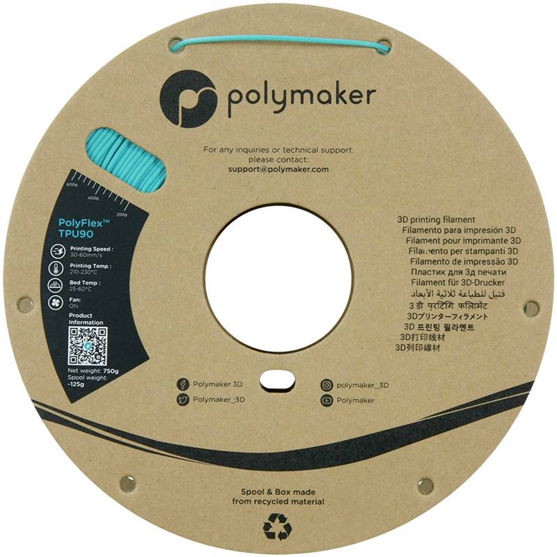 Cívka filamentu od Polymarkeru s PolyFlex TPU90, tyrkysová. Vyrobeno z recyklovaného materiálu, vhodné pro 3D tiskárny.