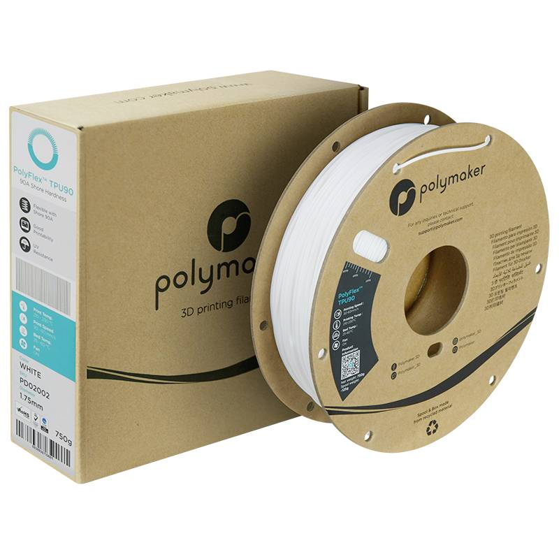 Role bílého 3D tiskového filamentu od společnosti Polymaker leží na stole vedle obalu. Značka a detaily produktu jsou viditelné.