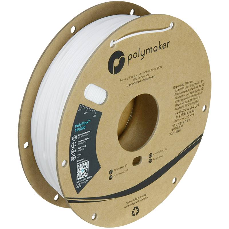 Cívka s 3D tiskového filamentu značky Polymaker, model PolyFlex TPU90, v bílé barvě. Vhodný pro flexibilní a elastické tisky.