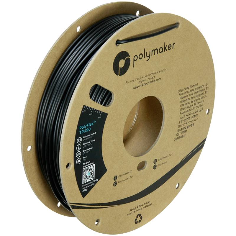 Plastová role filamentu s nápisem 'PolyFlex TPU90' od společnosti Polymaker. Ideální pro 3D tisk, na šetrné environmentální cívce.