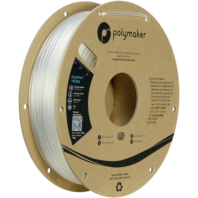 Cívka s průhledným TPU filamentem od společnosti Polymaker pro 3D tisk. Na cívce jsou loga, kontaktní informace a QR kód.