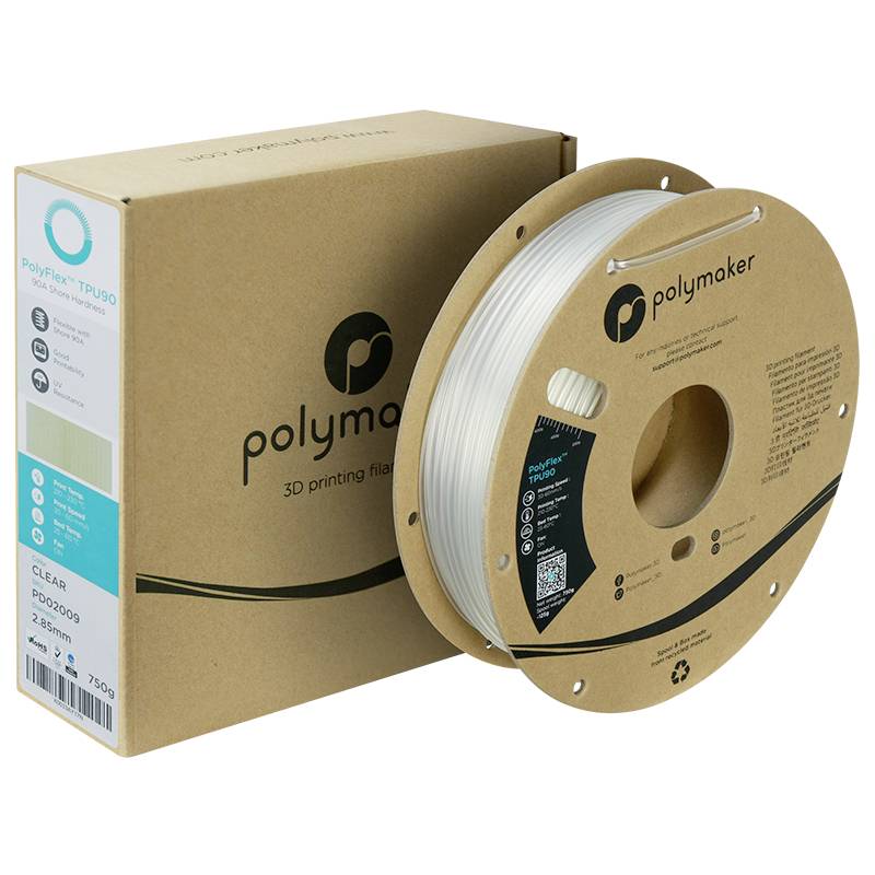 3D tiskové vlákno z TPU materiálu od společnosti Polymaker, navinuté na cívce vedle příslušného obalu. Filament je průhledný.