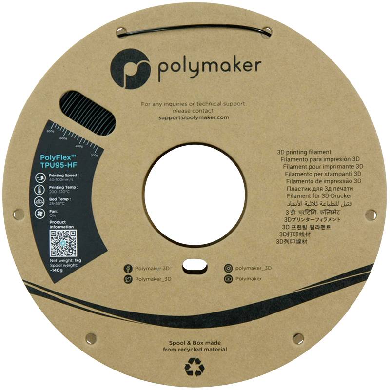 Cívka s 3D tiskových materiálem značky Polymaker. Obsahuje údaje o typu materiálu, informace o výrobci a recyklační symbol.