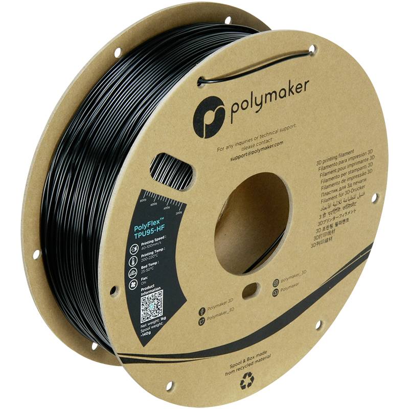 Černá plastová role filamentu pro 3D tiskárny od společnosti Polymaker. Udržitelný kartonový obal s detaily produktu a QR kódem.
