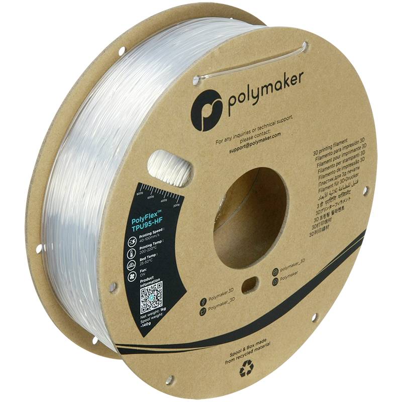 Cívka z průhledného 3D tiskového filamentu od společnosti Polymaker. Obsahuje QR kód a výrobní informace na štítku.