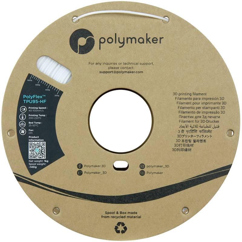 Role Polymaker PolyFlex TPU95-HF filamentu, 1,75 mm, 1 kg, bílá barva; vhodné pro 3D tiskárny; vyrobeno z recyklovaného materiálu.