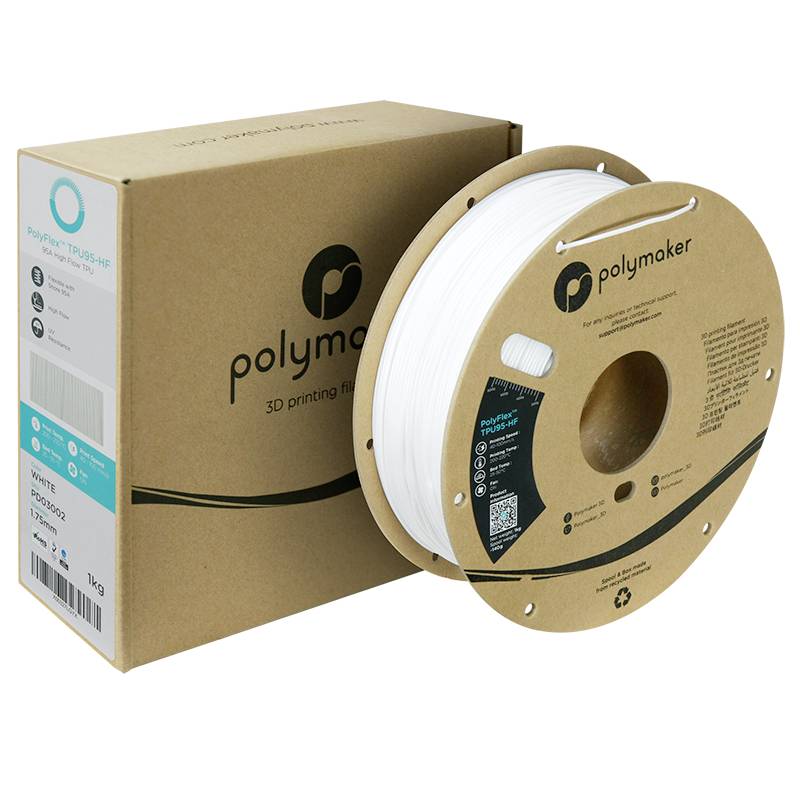 Cívka s bílým 3D tiskařským filamentem od společnosti Polymaker, umístěná vedle svého obalu, zobrazuje informace o značce a produktu.