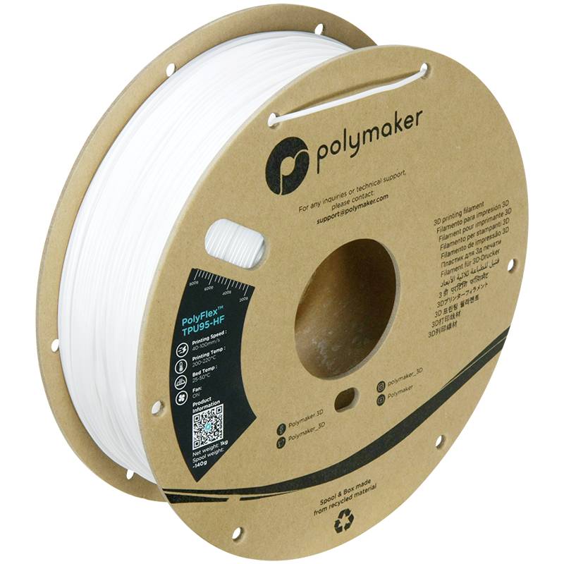 Bílá 3D tiskové filamentové špulce, značka Polymaker, model PolyFlex TPU95-HF, na papírové cívce s etiketou, ideální pro flexibilní tisky.