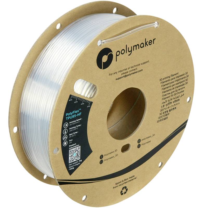 Cívka materiálu PolyFlex TPU95-HF pro 3D tisk od společnosti Polymaker, průsvitná a flexibilní, vhodná pro technické aplikace.