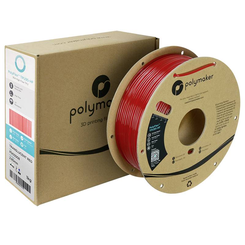 Červená role 3D tiskového filamentu od společnosti Polymaker vedle hnědého obalu s logem a produktovými informacemi.