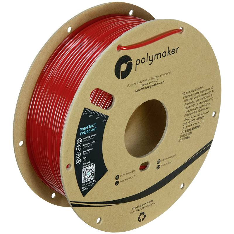 Červená 3D tisková struna (filament) od společnosti Polymaker, balení s logem a QR kódem, průměr 1,75 mm.