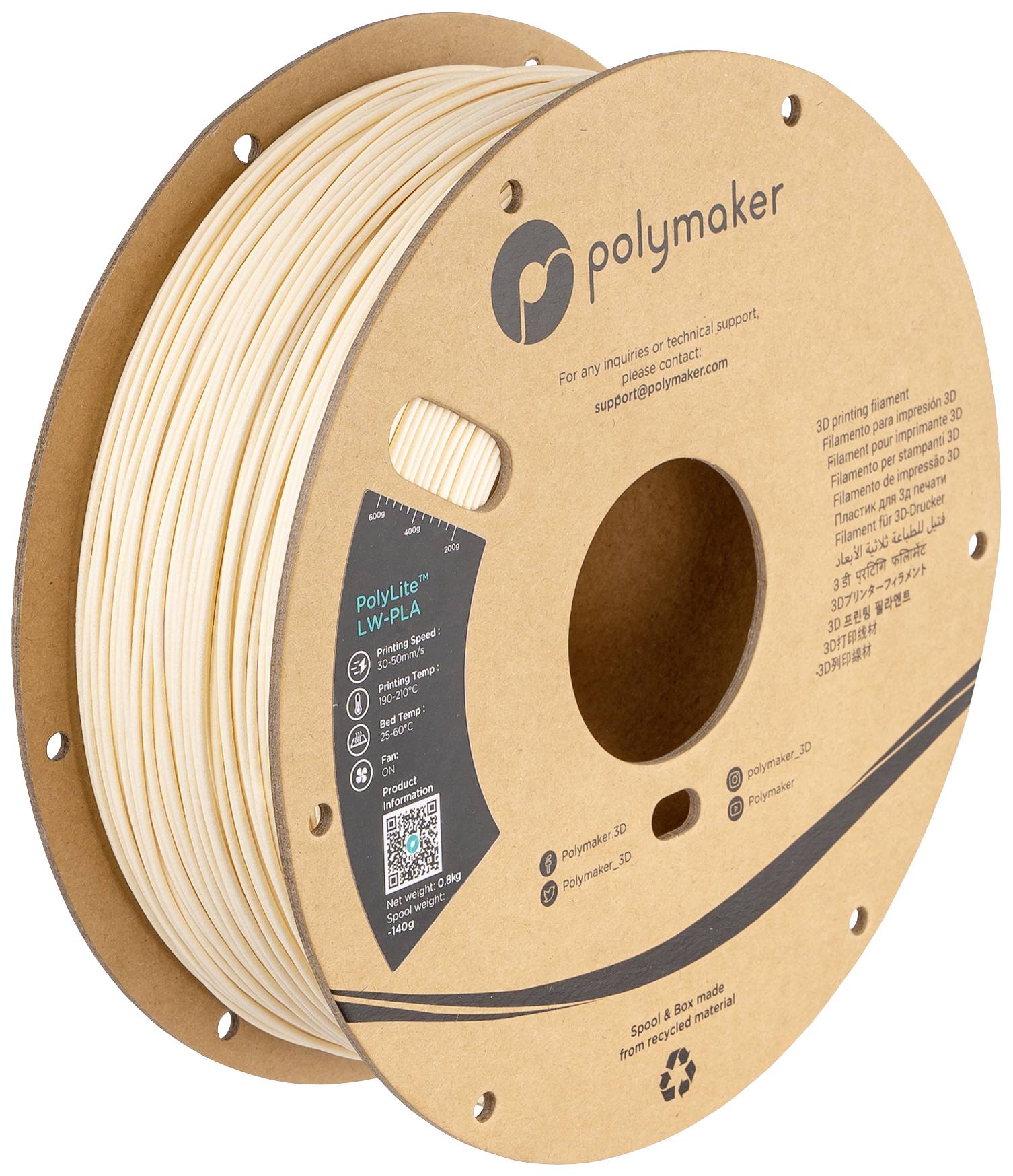 Cívka s 3D tiskařským filamentem z LW-PLA od značky Polymaker. Balení zobrazuje informace a QR kód.
