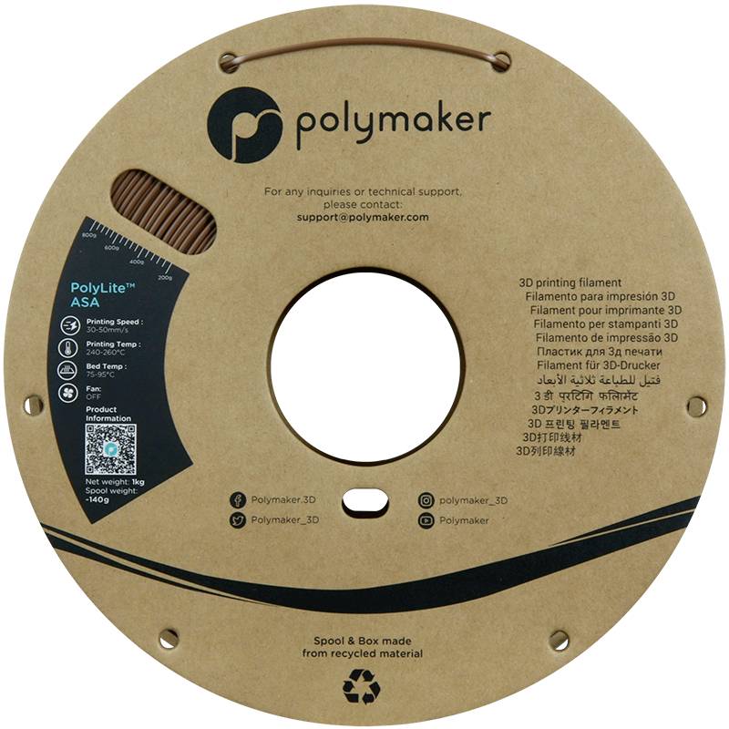 Hnědá cívka s 3D tiskového filamentu 'PolyLite ASA' od společnosti Polymaker. Cívka je vyrobena z recyklovaného materiálu.