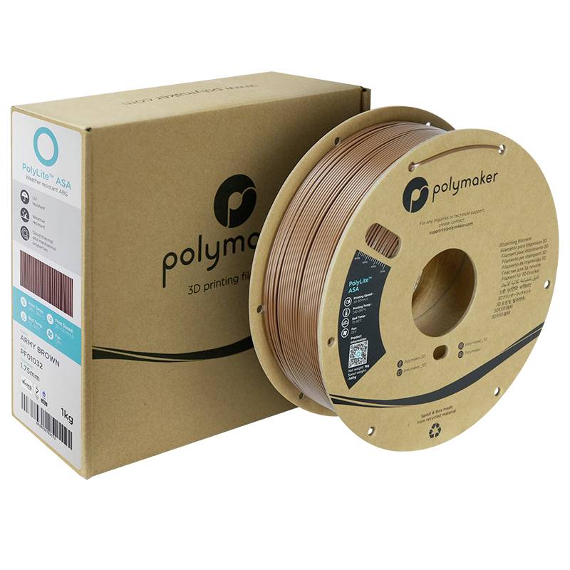 Cívka s hnědým 3D tiskařským filamentem vedle obalu od značky Polymaker.