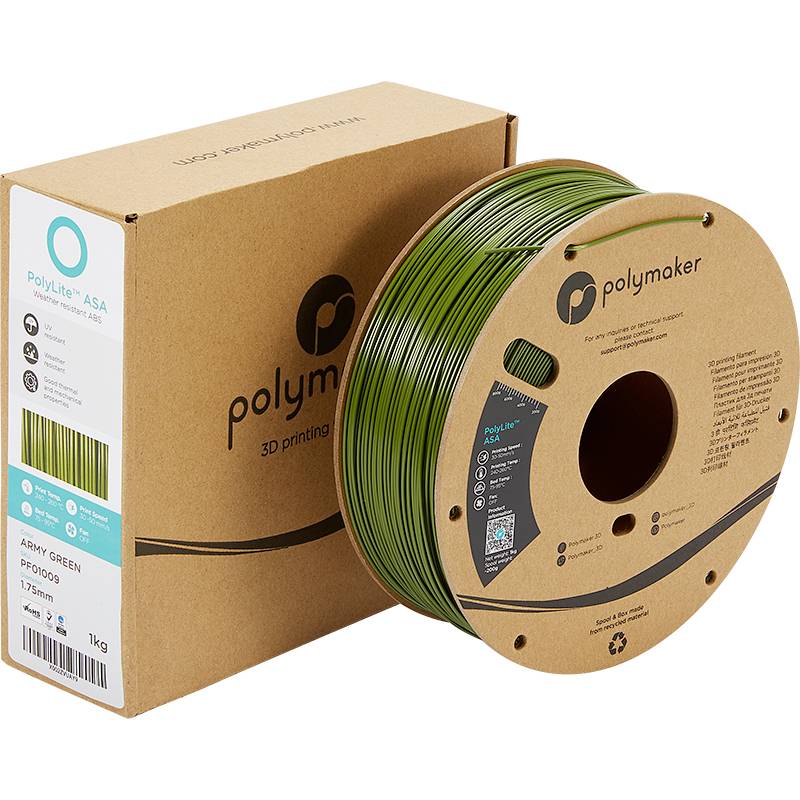Role filamentu PolyLite pro 3D tisk z materiálu ASA v armádní zelené barvě stojí vedle obalu, který zobrazuje logo značky a technické specifikace.