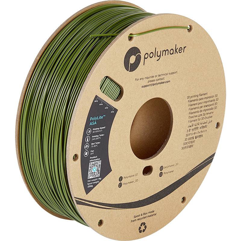 Role z zeleného 3D tiskového filamentu od společnosti Polymaker. Na obalu jsou vytištěny informace o produktu a kontaktní údaje.