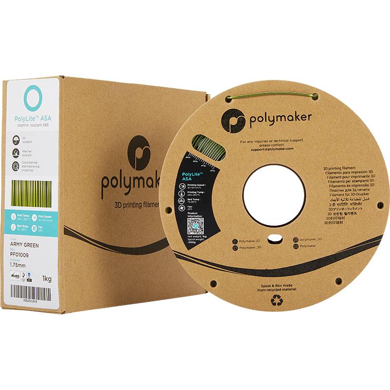 Cívka filamentu s obalem od Polymakeru, typ filamentu ASA, průměr 1,75 mm, hmotnost 1 kg, zvýrazněná pro 3D tiskové aplikace.