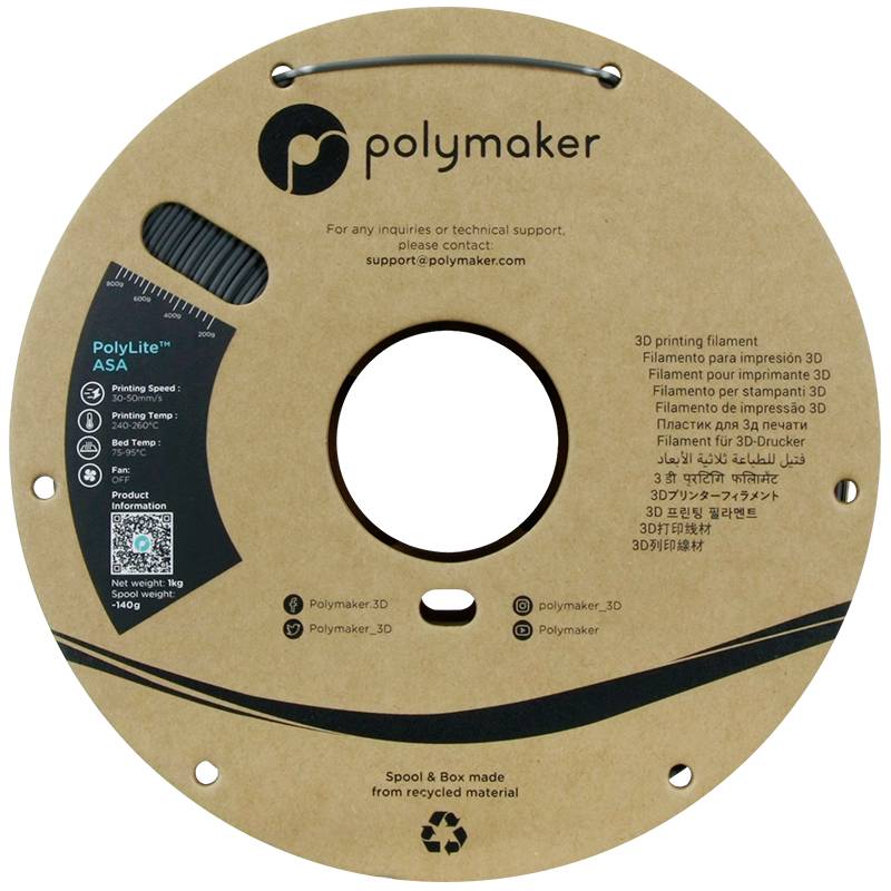 Obrázek zobrazuje cívku 3D tiskového filamentu značky 'Polymaker'. Etiketa poskytuje informace o materiálu, hmotnosti a recyklovatelnosti.