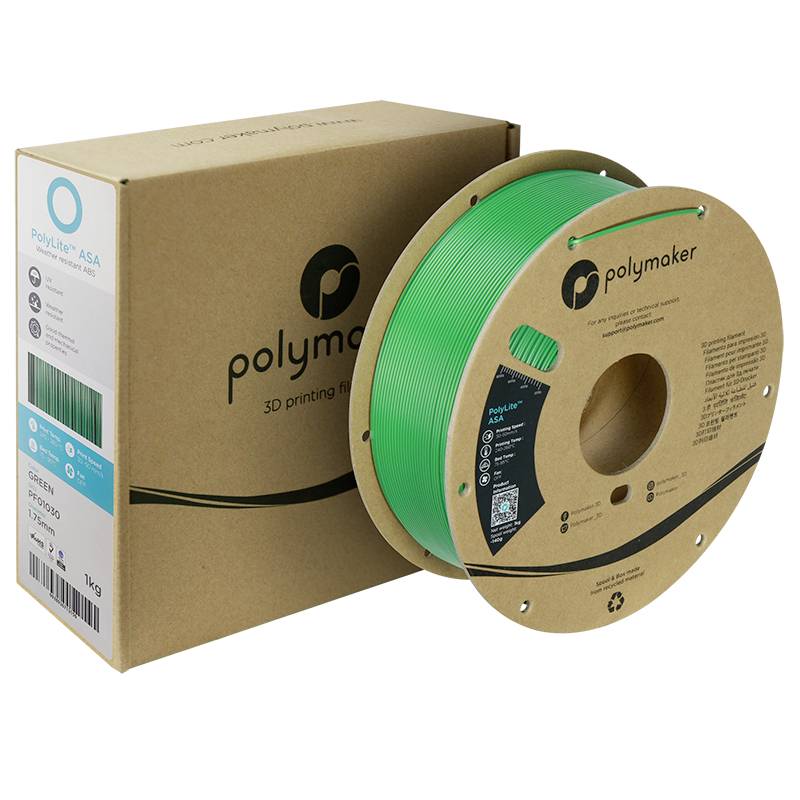 Zelená role 3D tiskového filamentu značky 'Polymaker' vedle příslušného obalu, vhodná pro tiskové projekty s ASA materiálem.