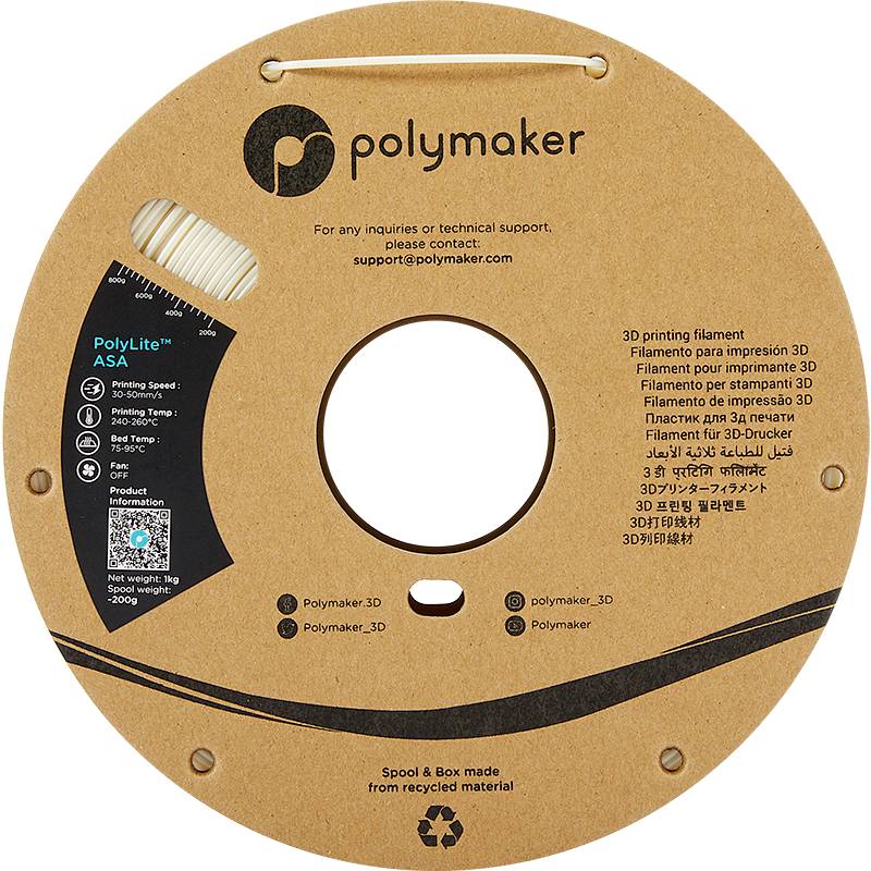 Cívka s béžovým 3D tiskových filamentem od společnosti Polymaker. Popis obsahuje 'PolyLite ASA' a vícejazyčné informace o filamentu.