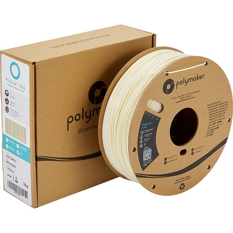Cívka filamentu s béžovým materiálem vedle hnědého obalu od společnosti Polymaker, označeného jako 'PolyLite ASA' pro 3D tisk.