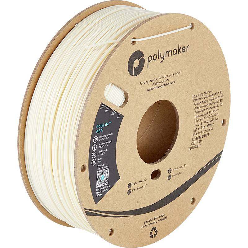 Béžová cívka s logem 'Polymaker', obsahuje 3D tiskové vlákno. Zaměření na informace o materiálu a kontaktní údaje na obalu.