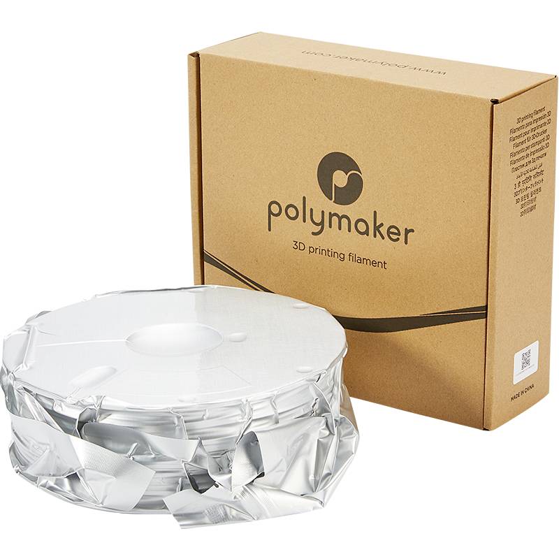 Karton s nápisem 'Polymaker 3D tiskový filament' vedle cívky se stříbrným filamentem. Balení pro 3D tiskový materiál.