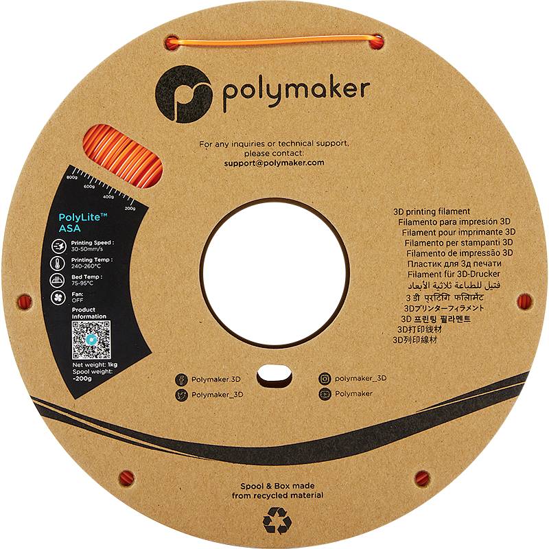 3D tiskové vlákno od Polymaker. Na cívce se nacházejí kontaktní informace, název produktu 'PolyLite' a pokyny pro 3D tisk.
