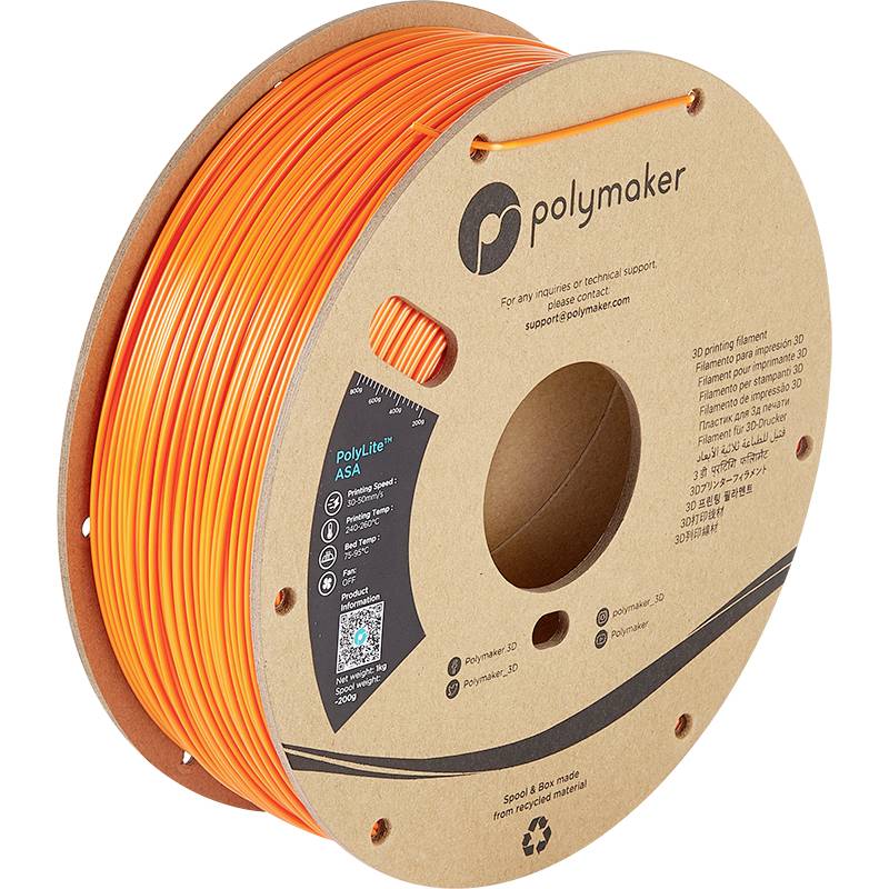 Cívka s oranžovým 3D tiskařským vláknem od společnosti Polymaker, materiál ASA, s etiketou a QR kódem pro další informace.