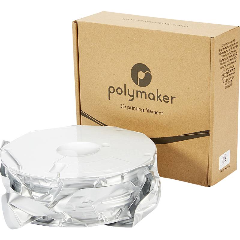 Role stříbrného 3D tiskového filamentu vedle hnědého obalu od společnosti Polymaker.