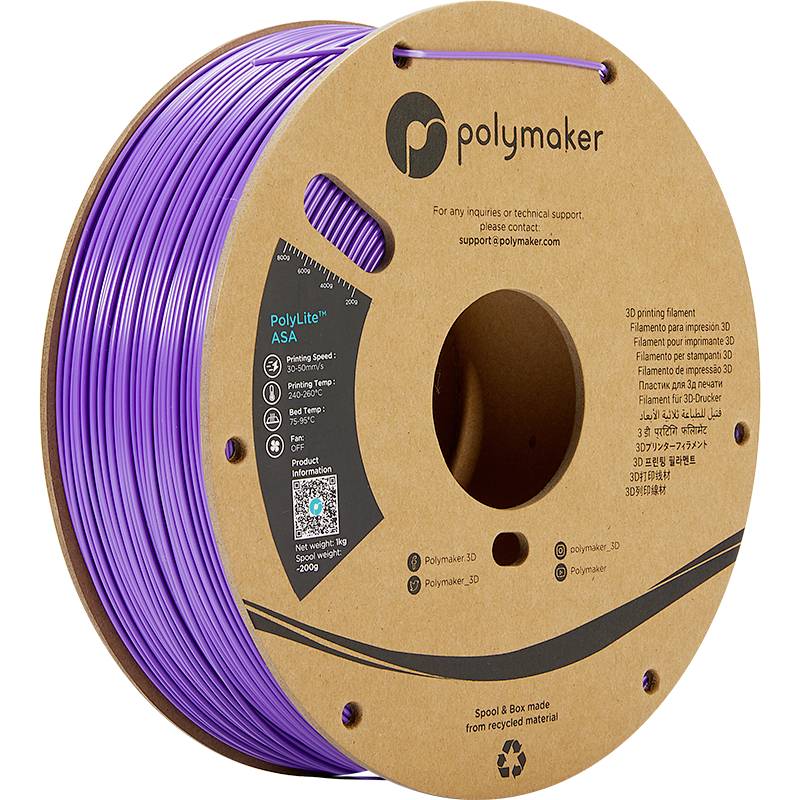 Lila 3D tiskové filamentové válce od Polymakeru, vyrobené z recyklovaného materiálu, s informacemi o produktu a kontaktem na straně.