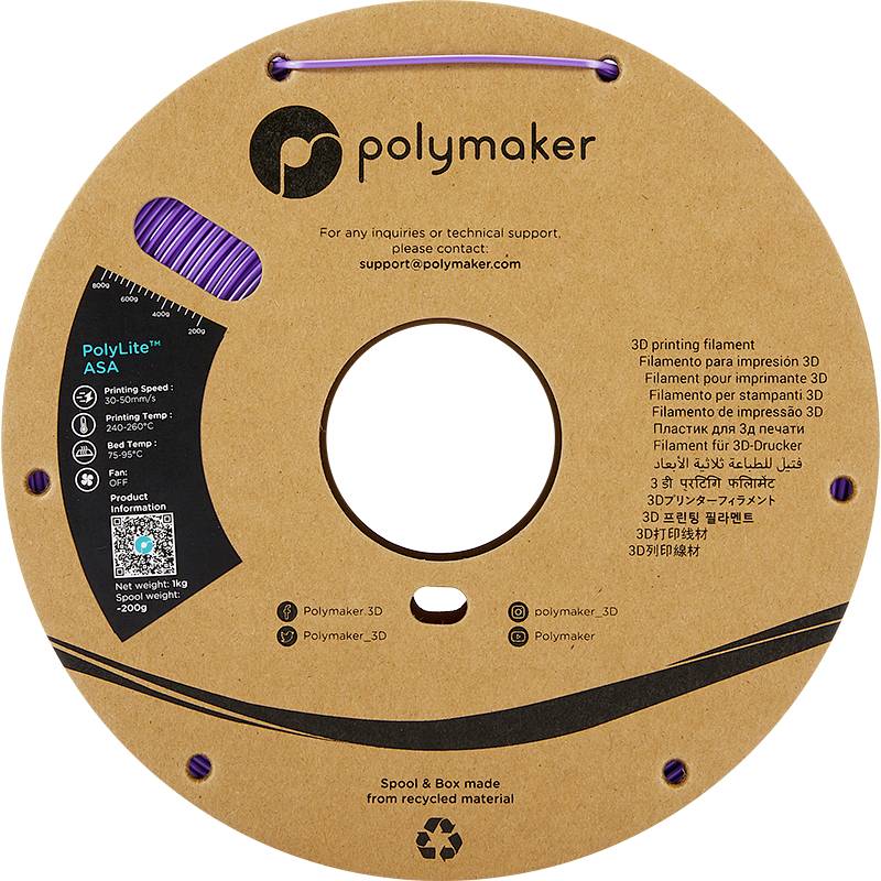 Cívka s 3D tiskovou strunou značky Polymaker, model PolyLite. Obsahuje kontaktní informace a QR kód s podrobnostmi o produktu.