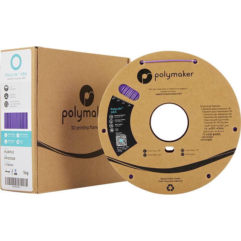 Materiál pro 3D tisk 'PolyLite ASA' v purpurové barvě, role vedle obalu. Obsahuje QR kód pro podporu. Vhodný pro různé typy tisku.