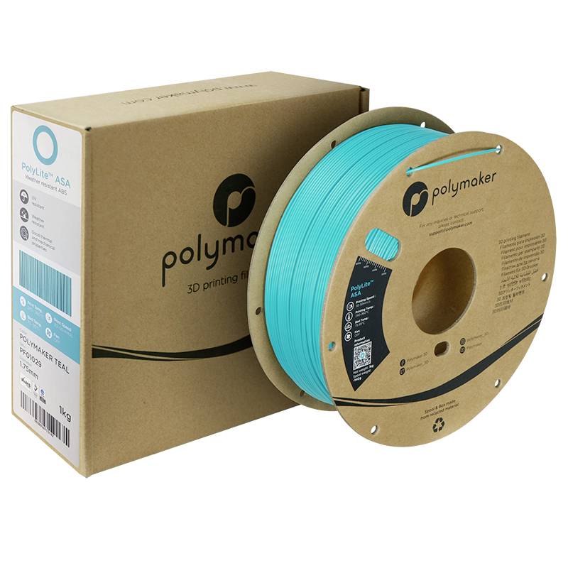 Světle modré ASA filament Polymaker na cívce, vedle hnědé krabice s logem Polymaker. Pro 3D tisk.
