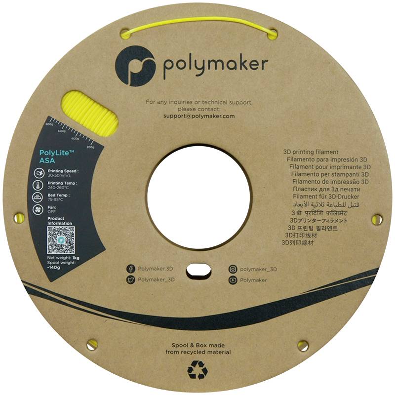 Rolka se žlutým 3D tiskovým filtmentem od společnosti 'Polymaker'. Etiketa zobrazuje značku, název produktu 'PolyLite ASA', technické údaje a pokyny pro recyklaci.