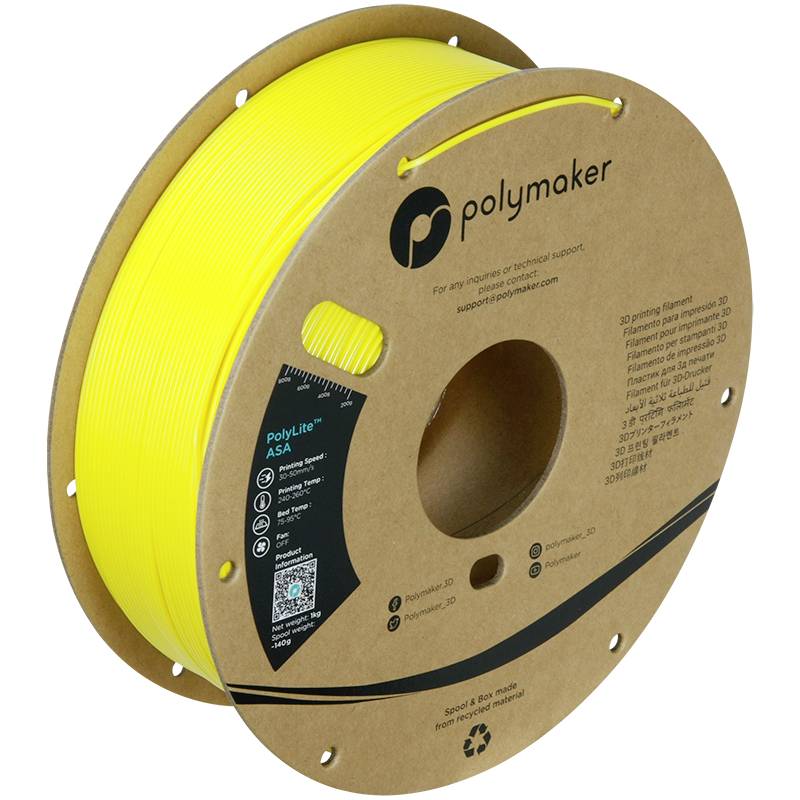 Žlutá filamentová cívka 3D tiskárny od Polymakeru, model 'PolyLite ASA', umístěná v kulaté papírové krabičce s logem a QR kódem.