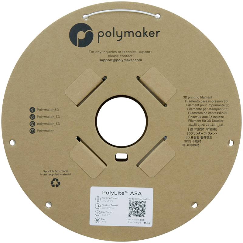 Obrázek znázorňuje kulaté kartonové jádro cívky pro 3D tiskové vlákno PolyLite ASA od společnosti Polymaker, včetně kontaktních údajů a QR kódu.