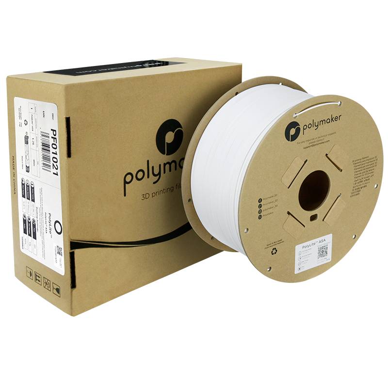 Role bílého 3D tiskového filamentu v hnědém obalu označeném nápisem 'Polymaker'.